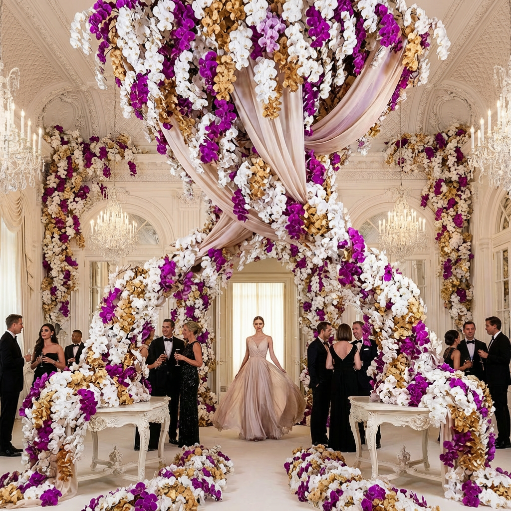 Woman in a gown framed by a massive floral arch at a formal gala.