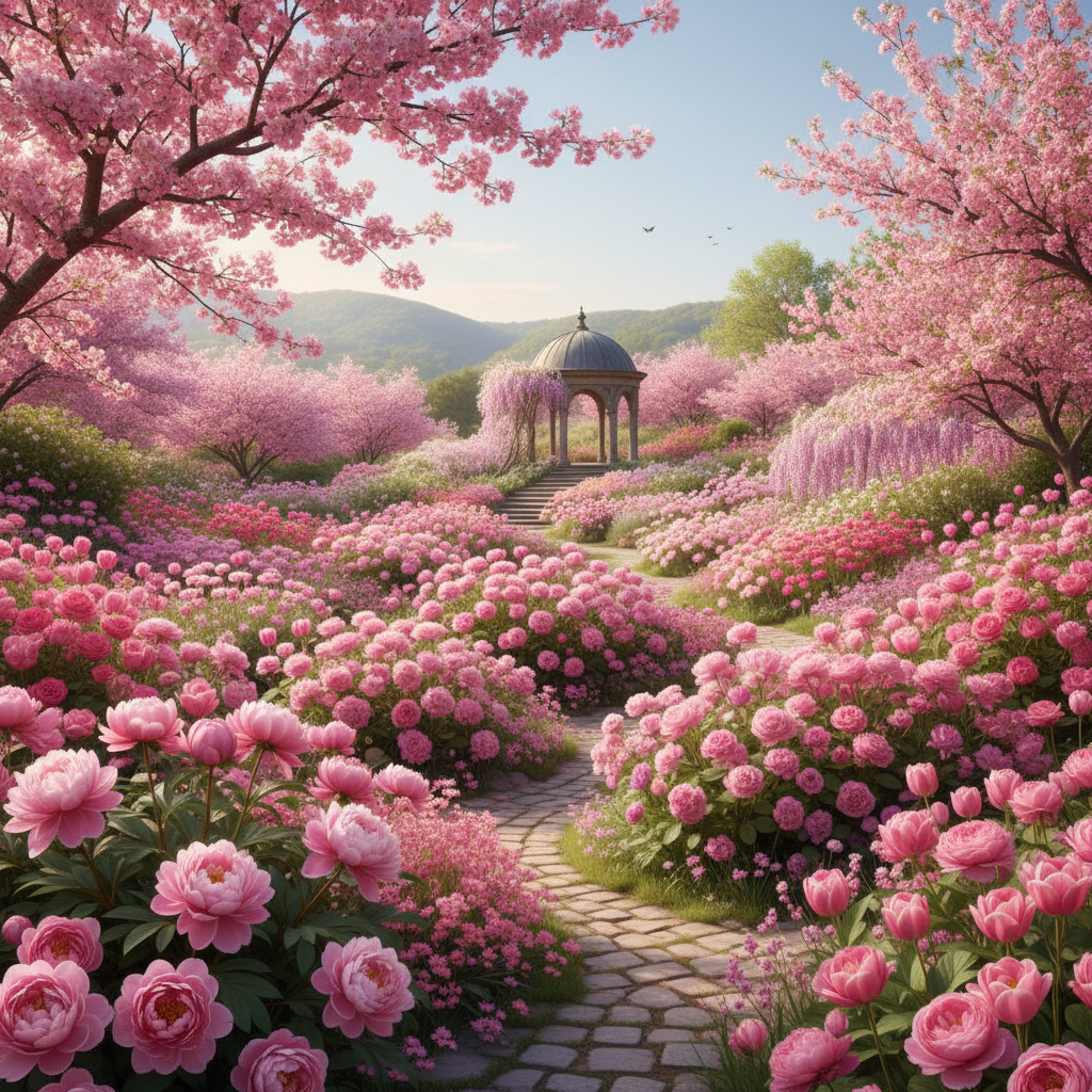 Stone path winding through pink peonies and cherry blossoms towards a distant stone gazebo.